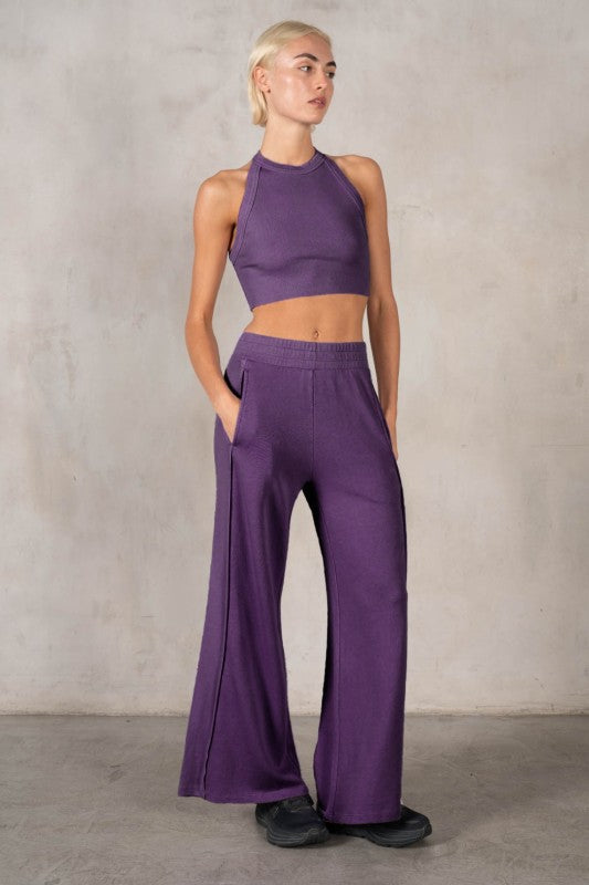 Plum Ribbed Halter & Wide Leg Pant Set