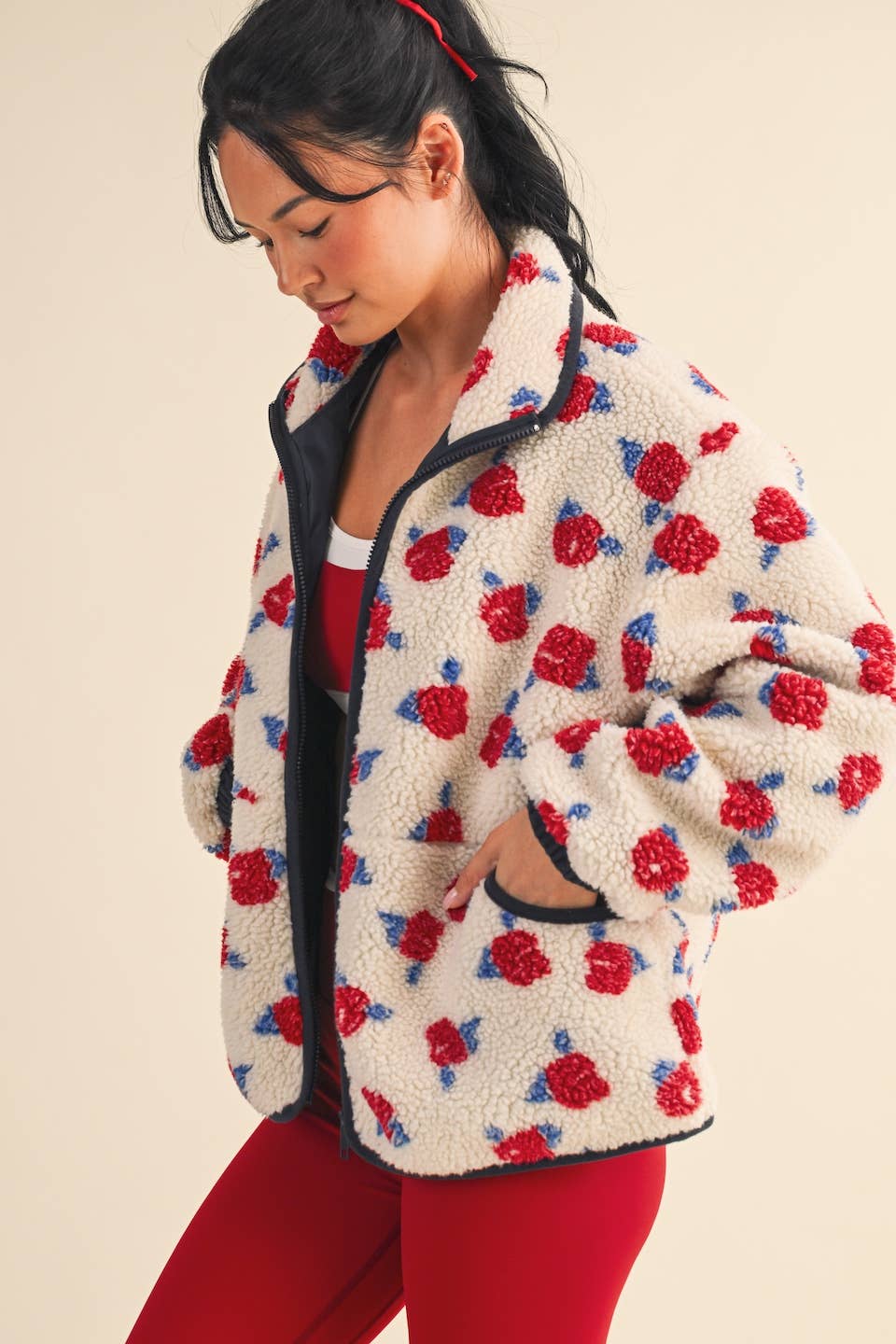 Oversized Rose Fleece Zip Up Jacket