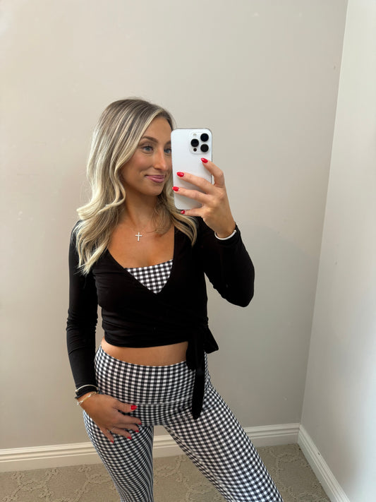 Long Sleeve V Neck Wrap Top (BLACK)