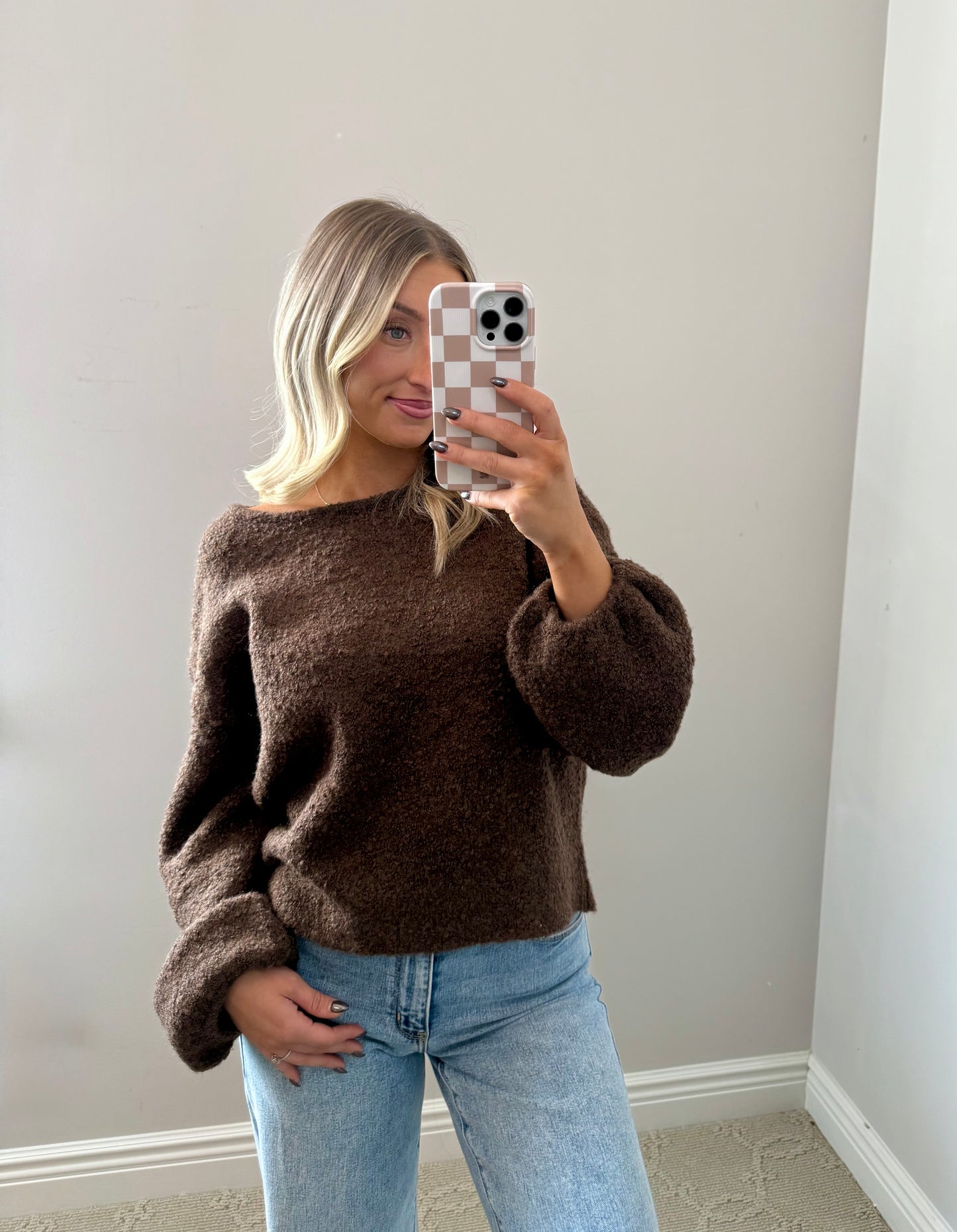 Textured Knit Bubble-Sleeve Sweater (BROWN)