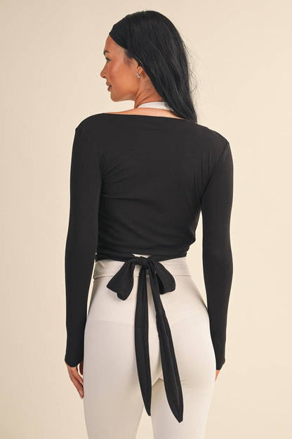 Long Sleeve V Neck Wrap Top (BLACK)