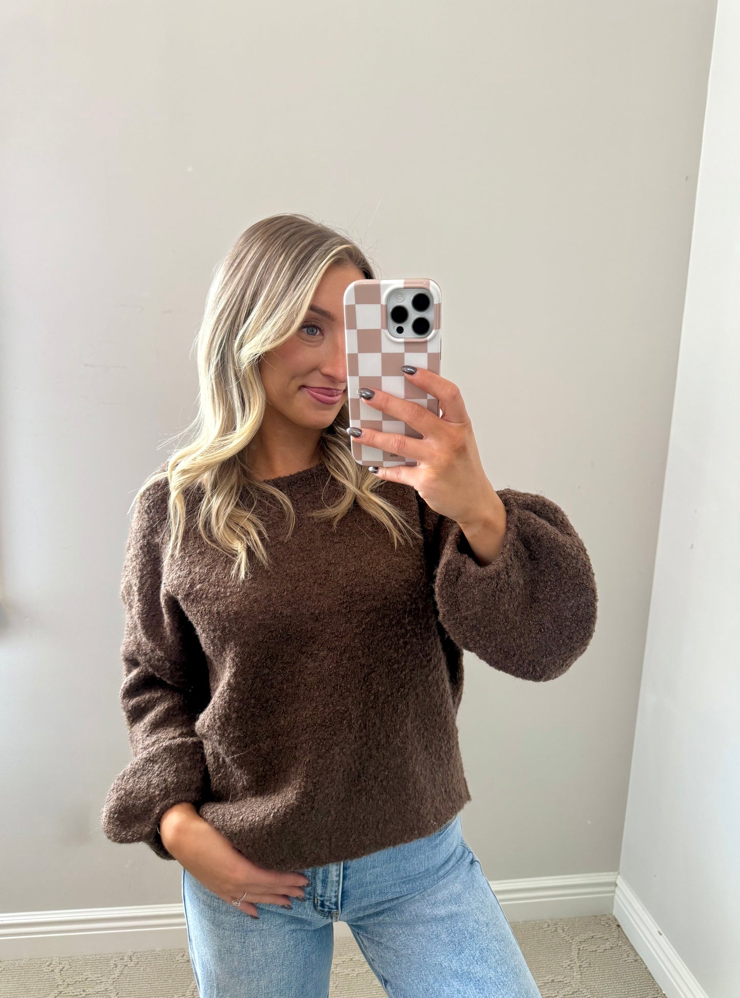 Textured Knit Bubble-Sleeve Sweater (BROWN)