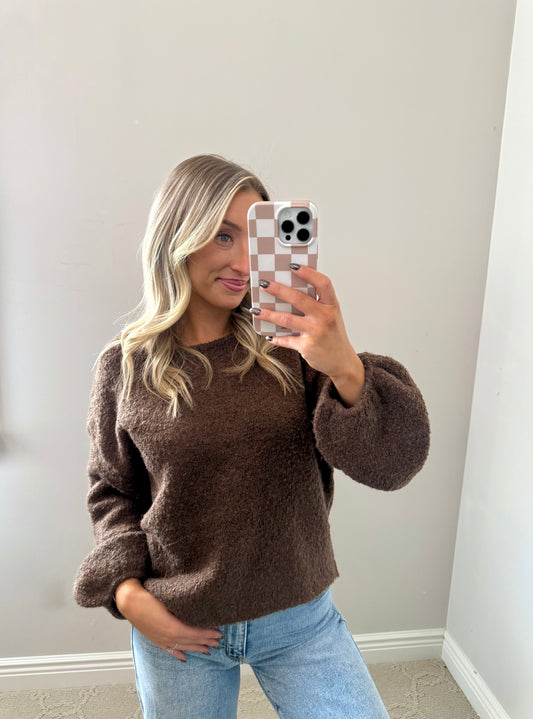 Textured Knit Bubble-Sleeve Sweater (BROWN)