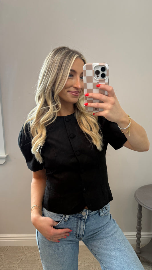 Puff-Sleeve Button Blouse
