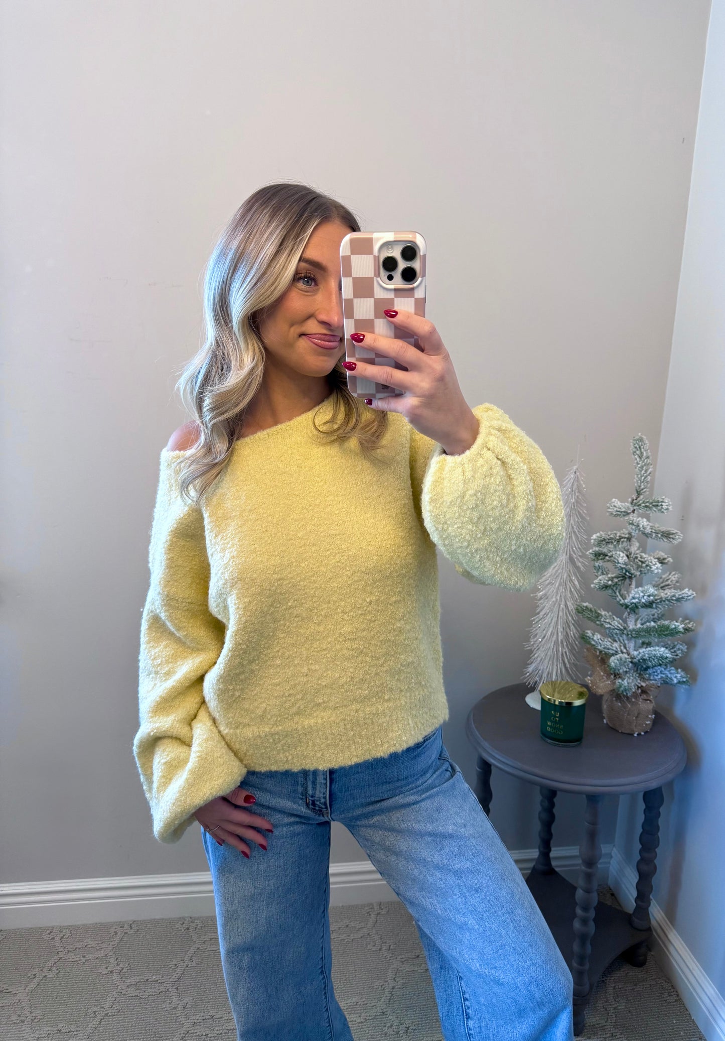 Textured Knit Bubble-Sleeve Sweater (YELLOW)