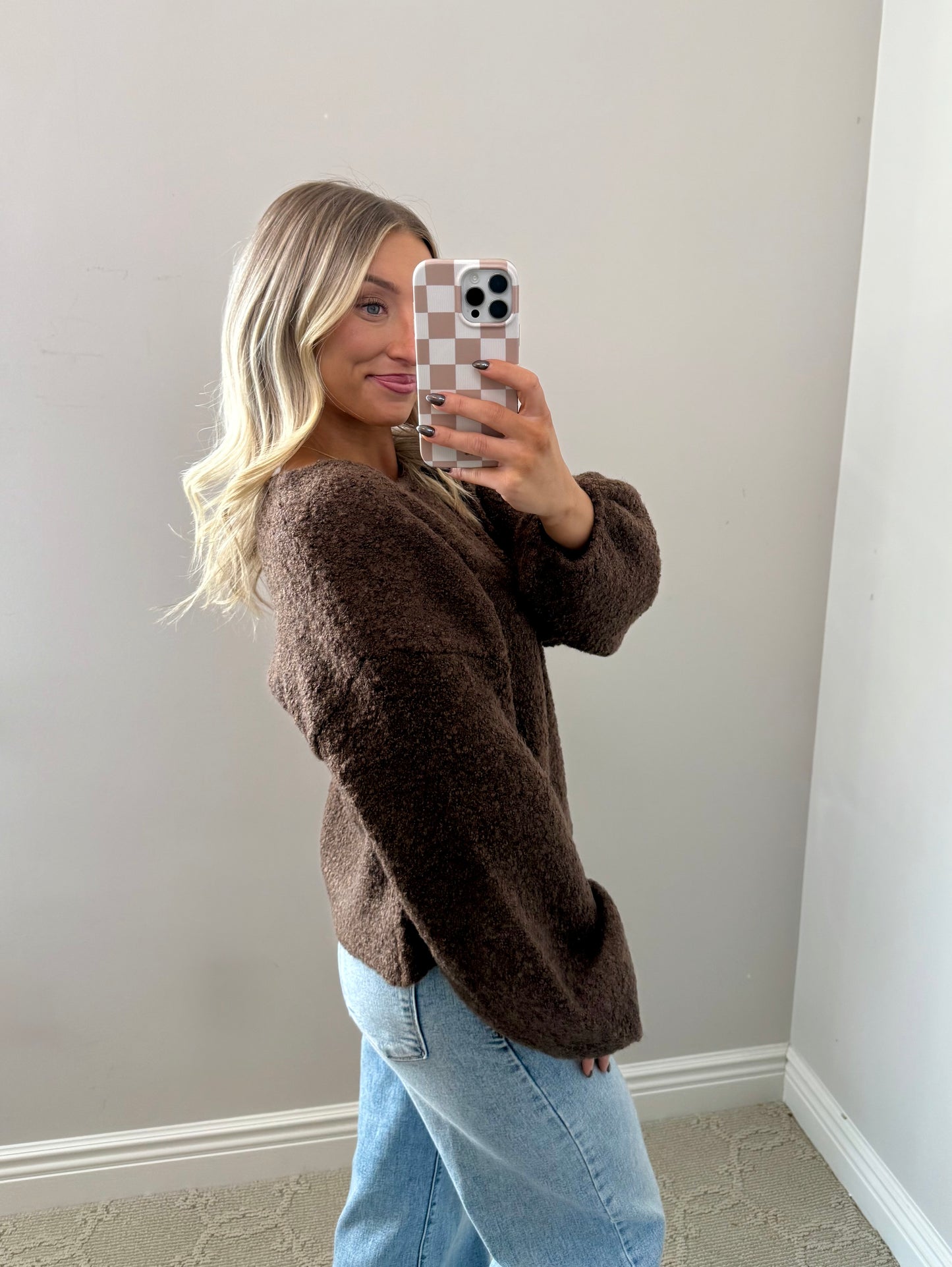 Textured Knit Bubble-Sleeve Sweater (BROWN)