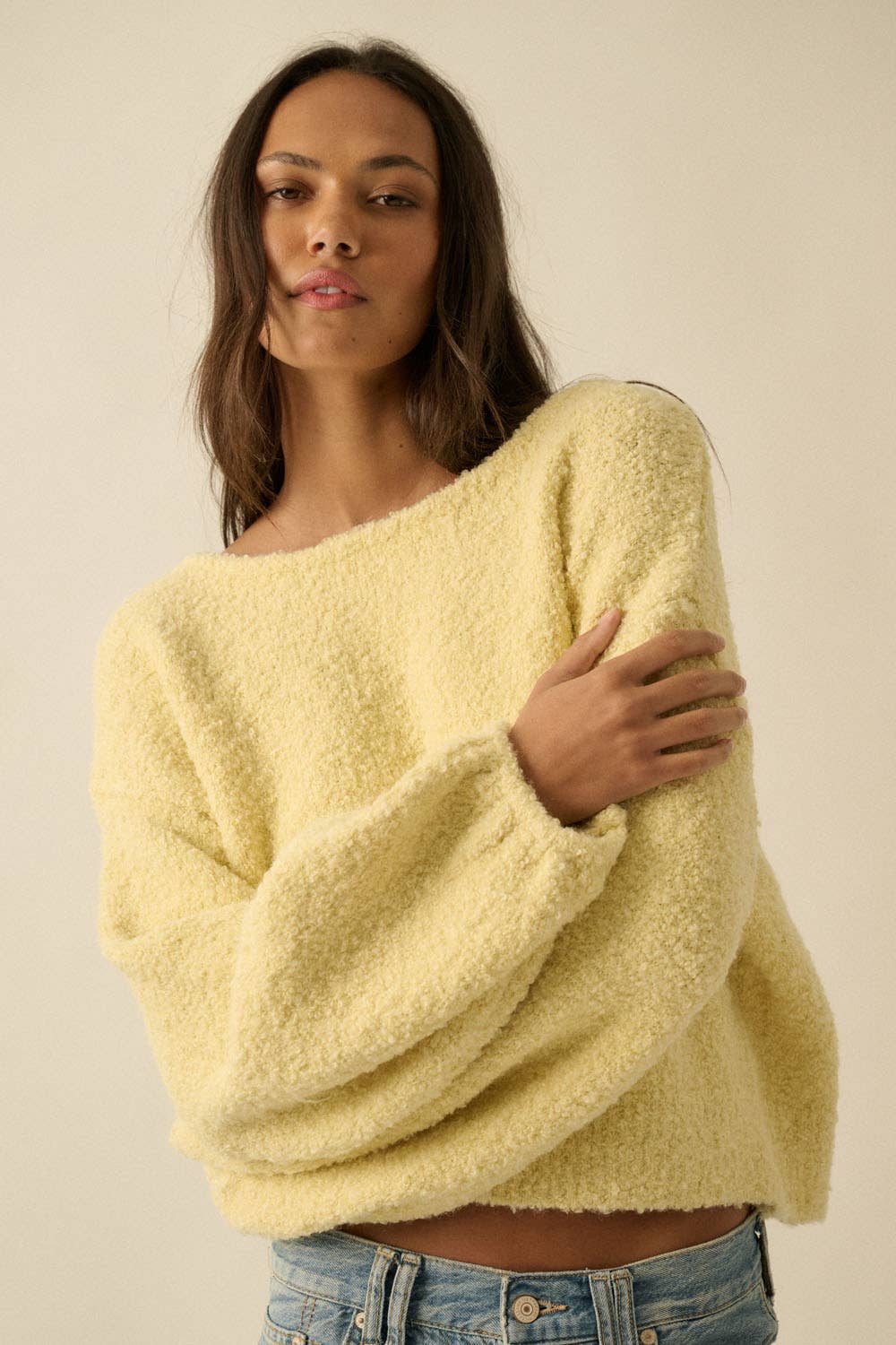 Textured Knit Bubble-Sleeve Sweater (YELLOW)