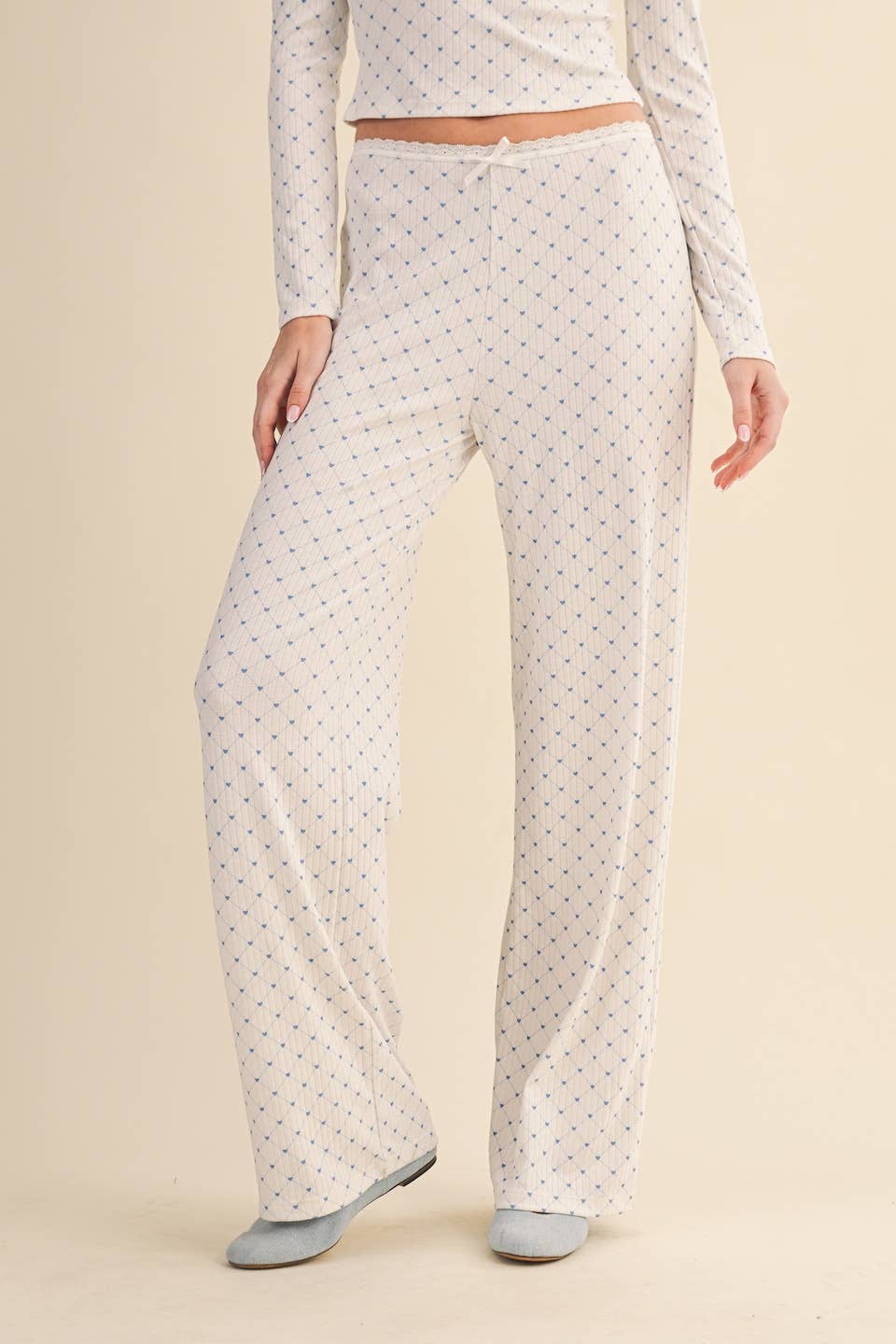 Heart Print Pointelle Lounge Set (WHITE)