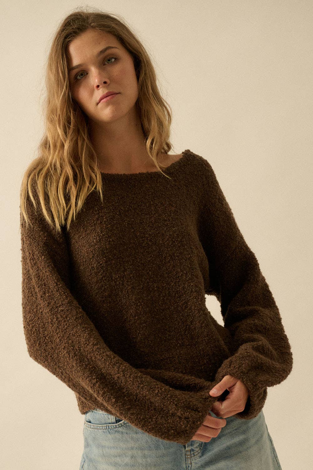 Textured Knit Bubble-Sleeve Sweater (BROWN)