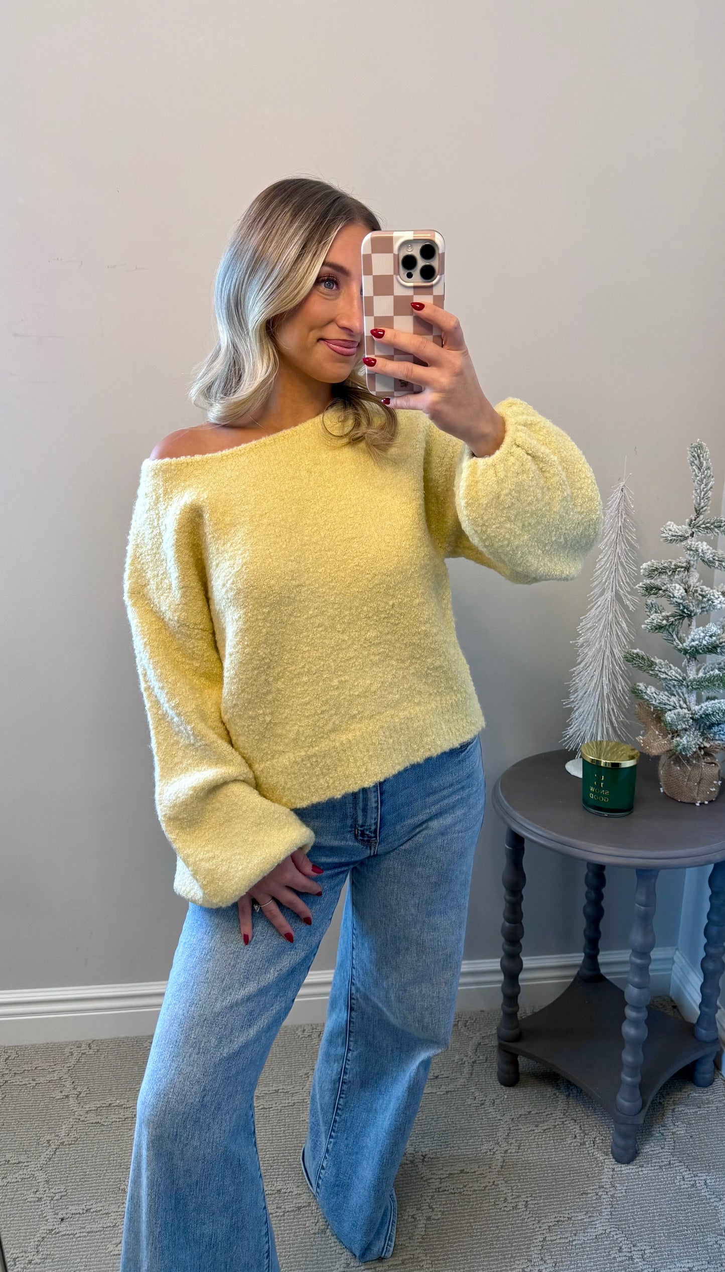 Textured Knit Bubble-Sleeve Sweater (YELLOW)