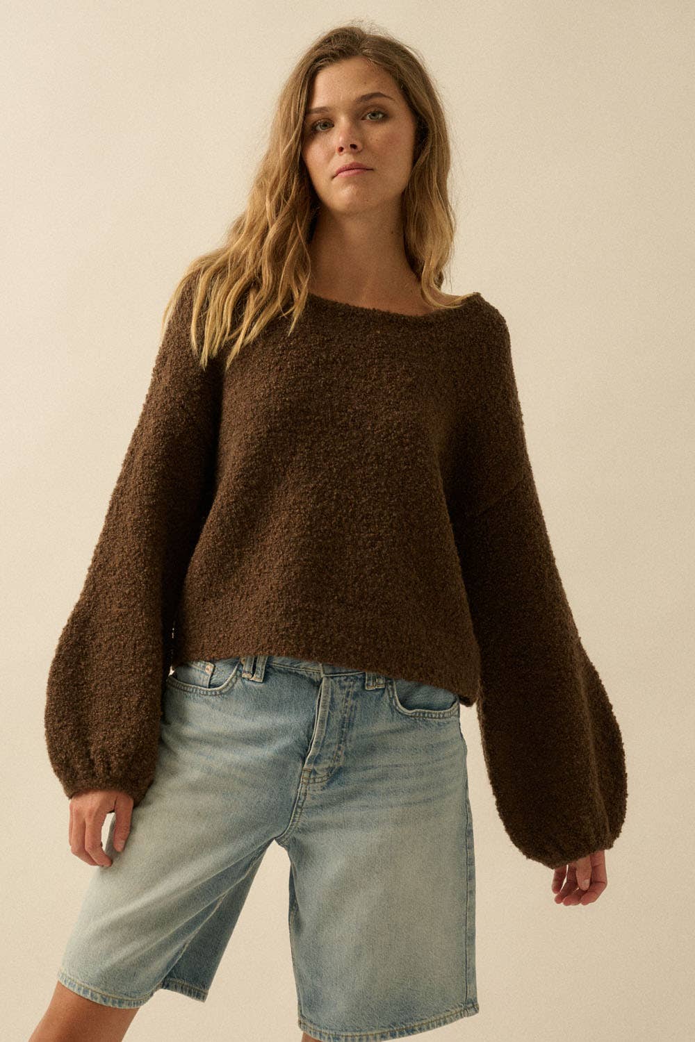 Textured Knit Bubble-Sleeve Sweater (BROWN)