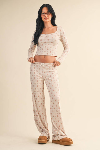 Teddy Bear Print Pointelle Lounge Set