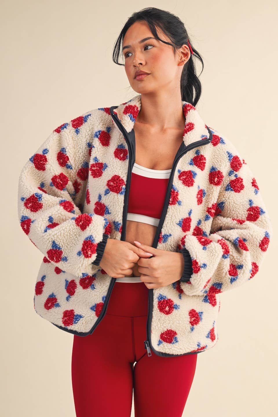 Oversized Rose Fleece Zip Up Jacket