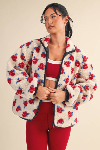 Oversized Rose Fleece Zip Up Jacket