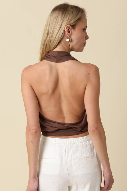 Isabel Halter Crop Knit Top (BROWN)
