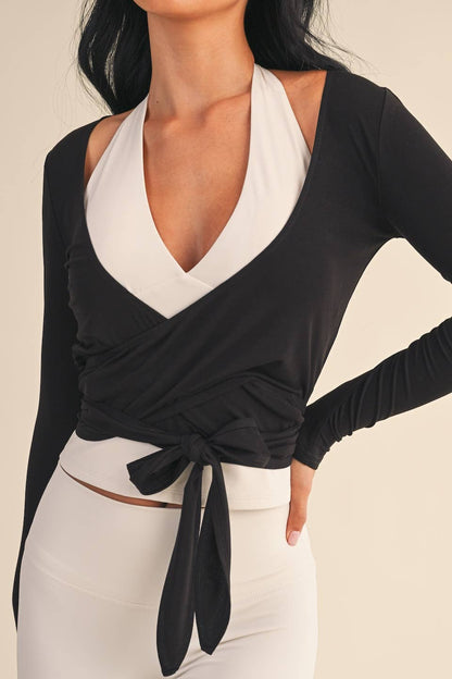 Long Sleeve V Neck Wrap Top (BLACK)
