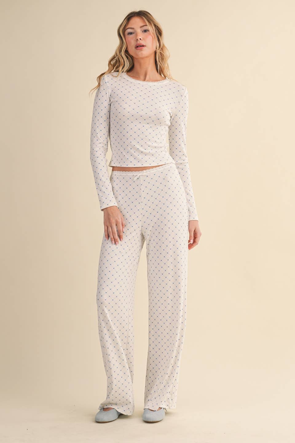 Heart Print Pointelle Lounge Set (WHITE)