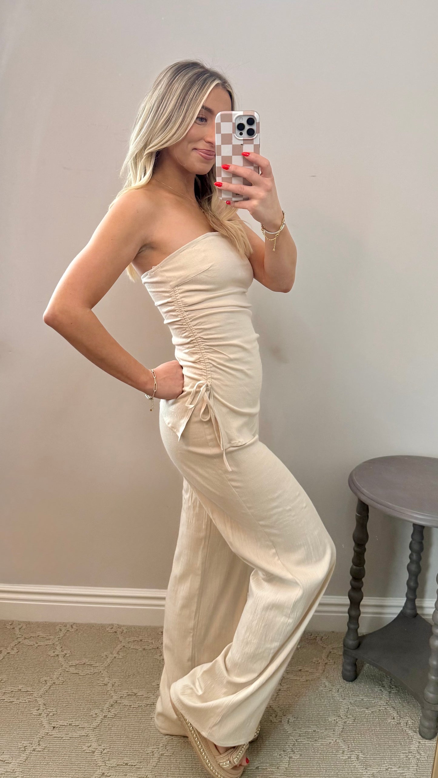Tube Top & Wide Leg Pants Set (BEIGE)