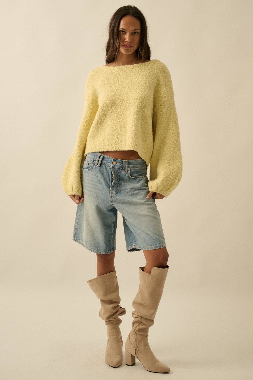 Textured Knit Bubble-Sleeve Sweater (YELLOW)
