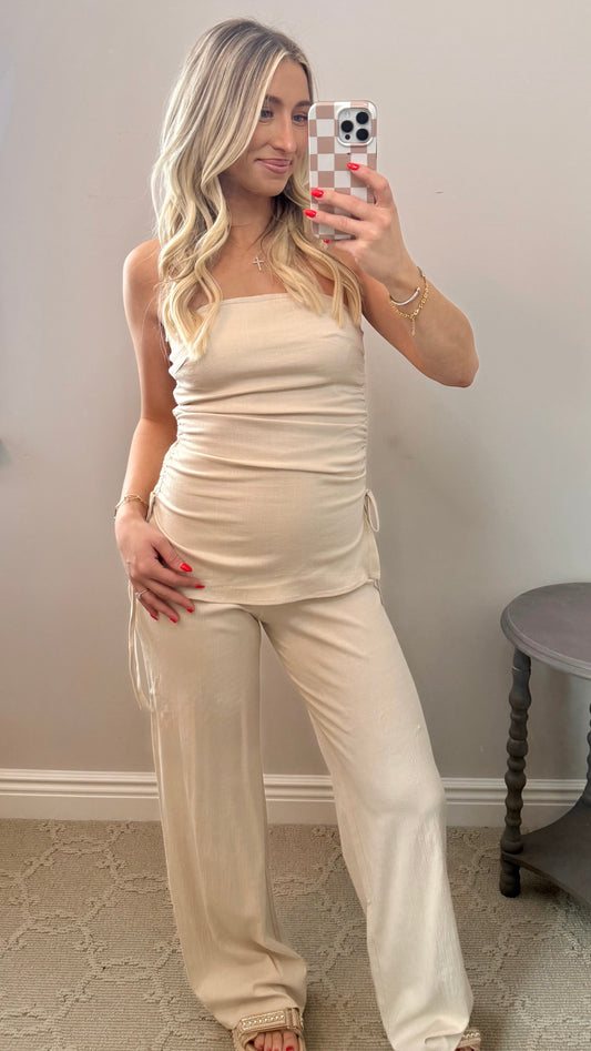 Tube Top & Wide Leg Pants Set (BEIGE)
