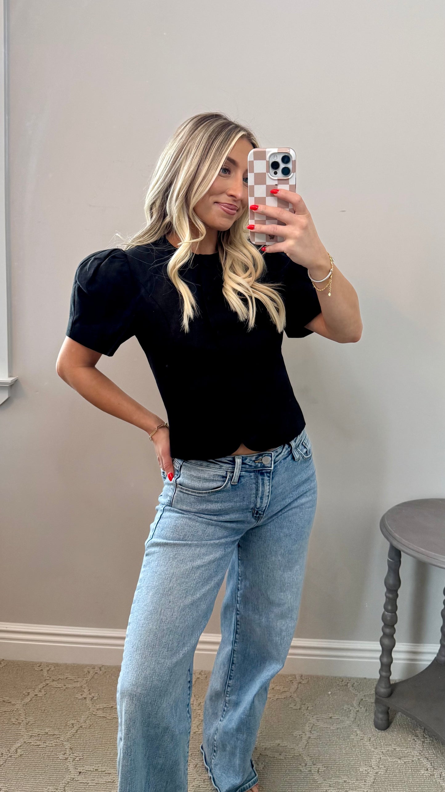Puff-Sleeve Button Blouse