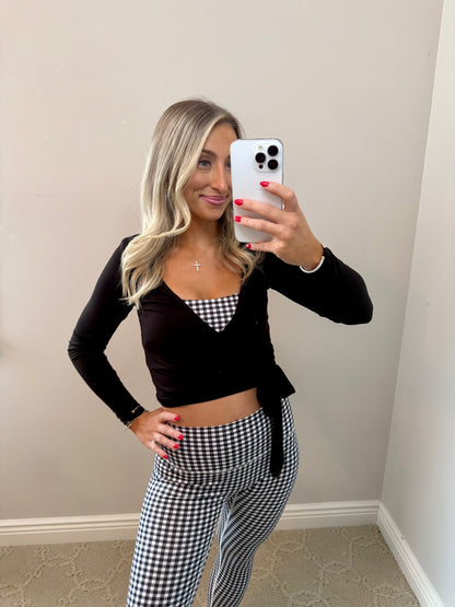 Long Sleeve V Neck Wrap Top (BLACK)