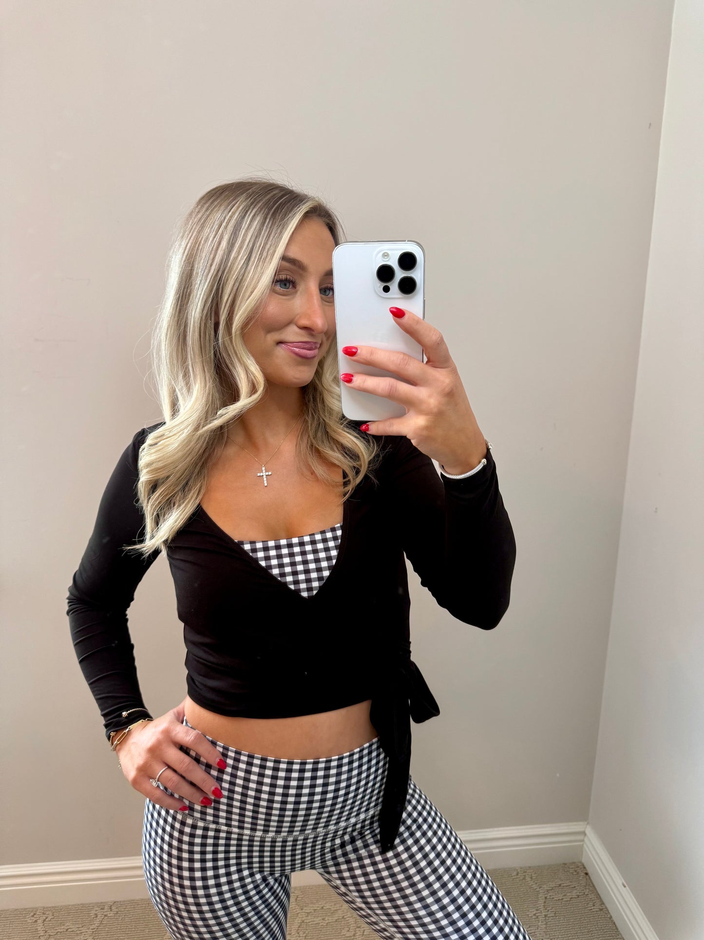 Long Sleeve V Neck Wrap Top (BLACK)