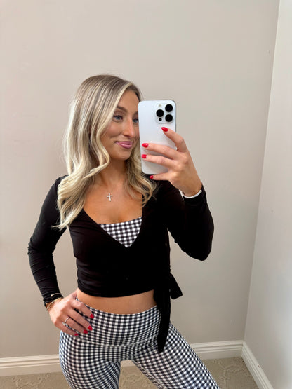 Long Sleeve V Neck Wrap Top (BLACK)