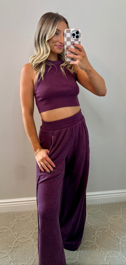 Plum Ribbed Halter & Wide Leg Pant Set