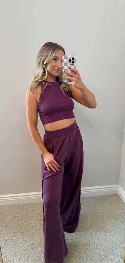 Plum Ribbed Halter & Wide Leg Pant Set