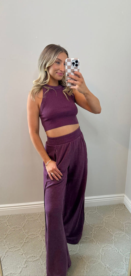 Plum Ribbed Halter & Wide Leg Pant Set