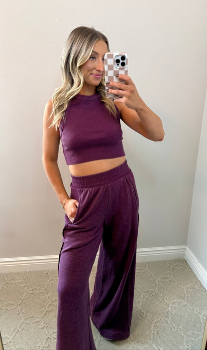 Plum Ribbed Halter & Wide Leg Pant Set