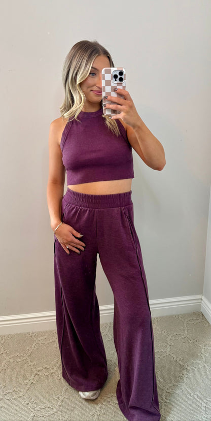 Plum Ribbed Halter & Wide Leg Pant Set