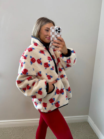 Oversized Rose Fleece Zip Up Jacket