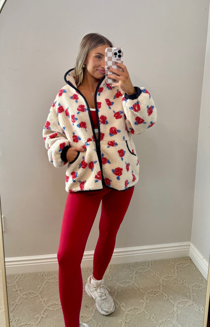 Oversized Rose Fleece Zip Up Jacket