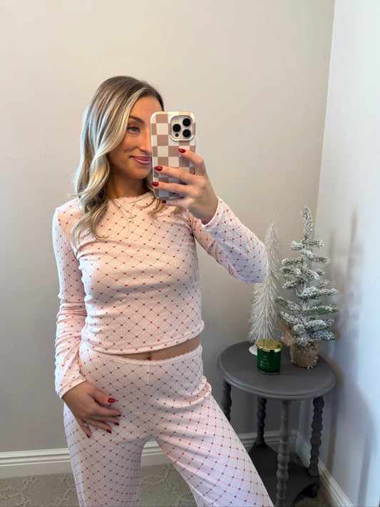 Heart Print Pointelle Lounge Set (PINK)