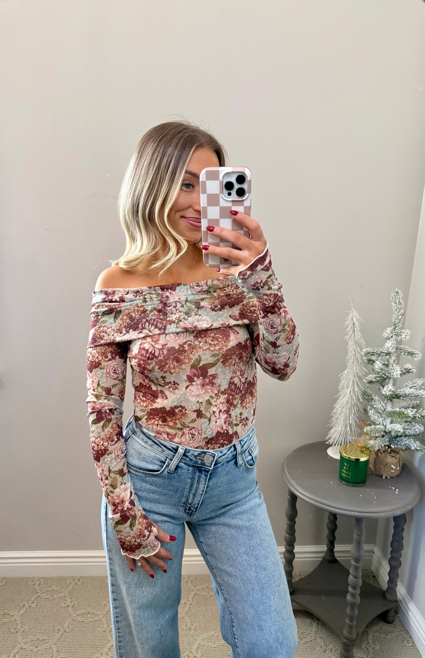 Floral Mesh Off-Shoulder Bodysuit