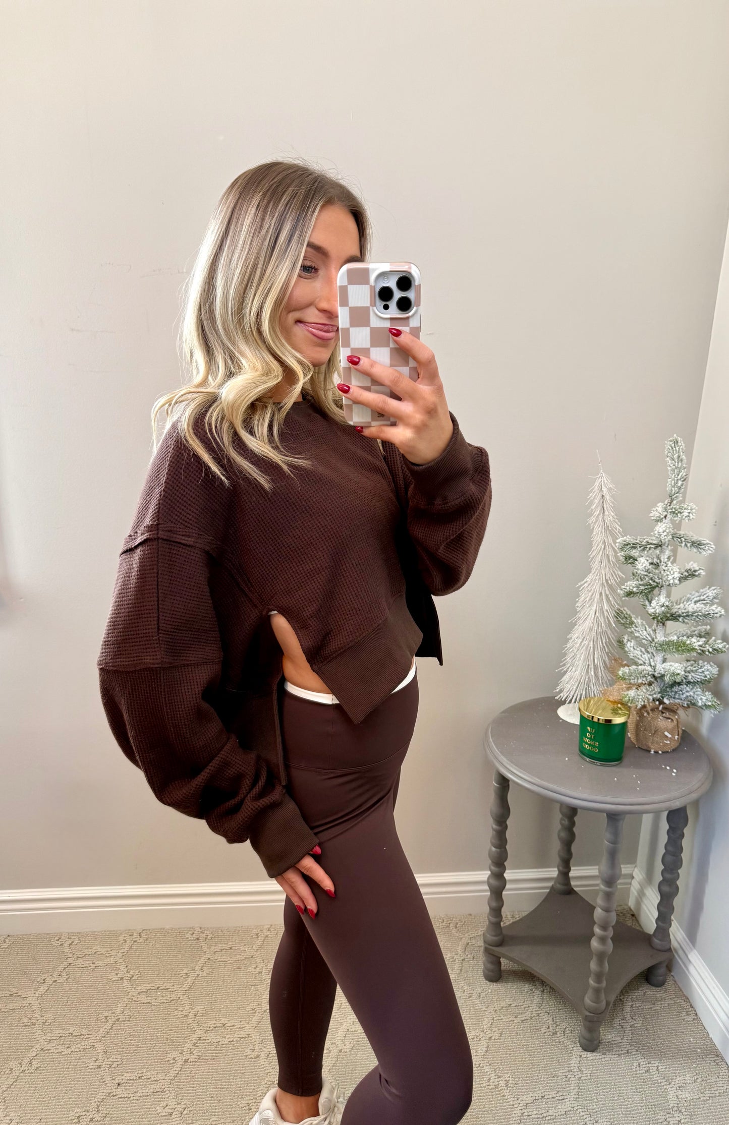 Waffle Knit Oversized Long Sleeve Top