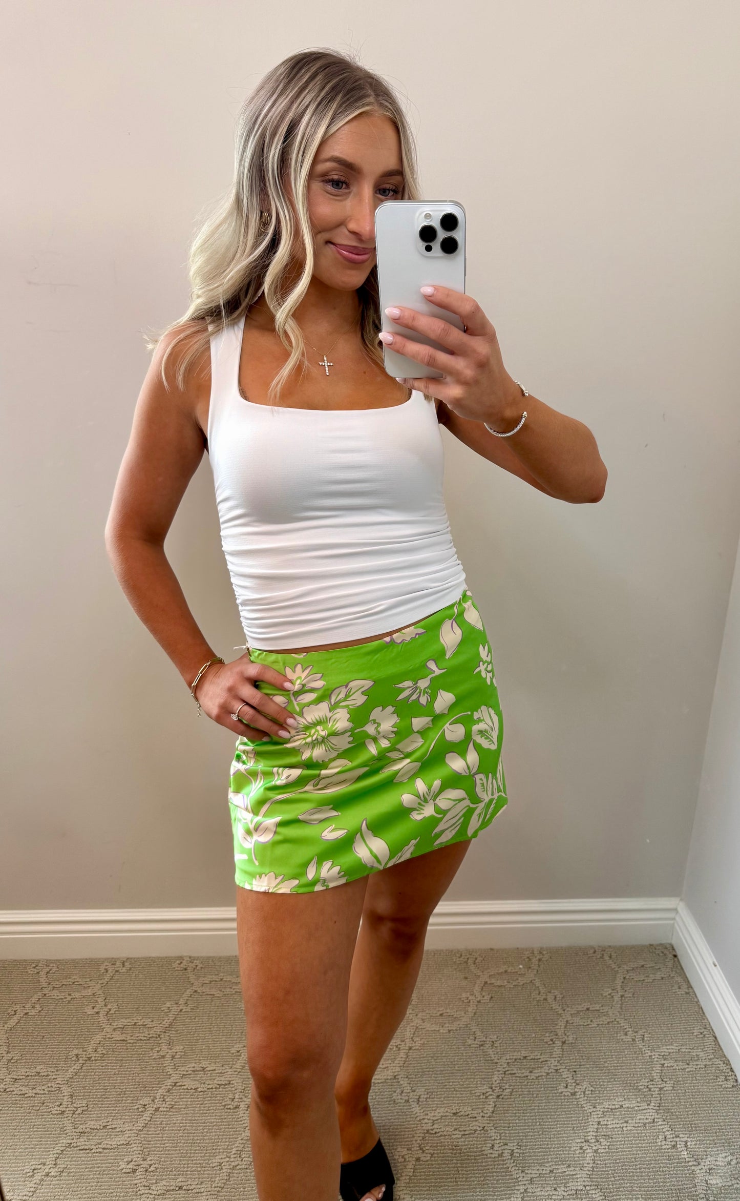 Green Flora Satin Printed Mini Skirt