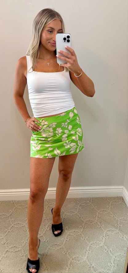 Green Flora Satin Printed Mini Skirt