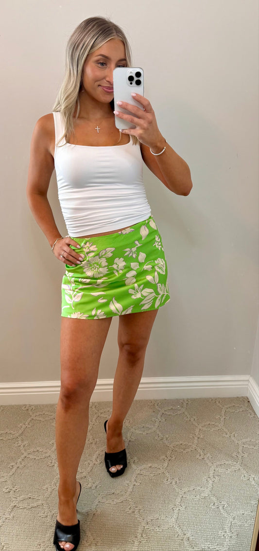 Green Flora Satin Printed Mini Skirt