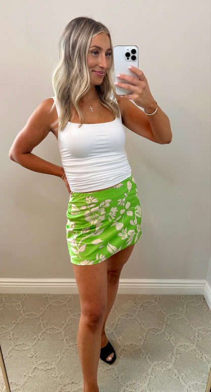 Green Flora Satin Printed Mini Skirt