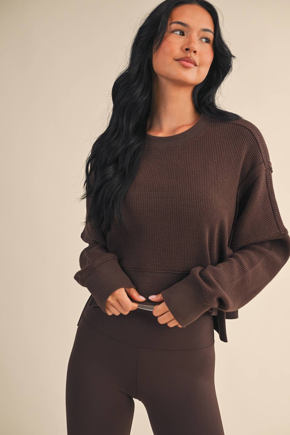 Waffle Knit Oversized Long Sleeve Top
