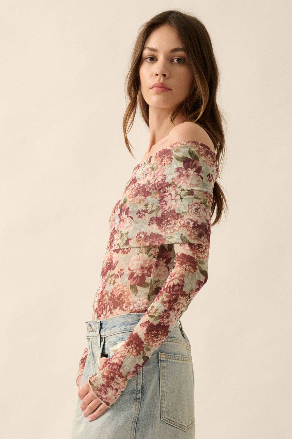Floral Mesh Off-Shoulder Bodysuit