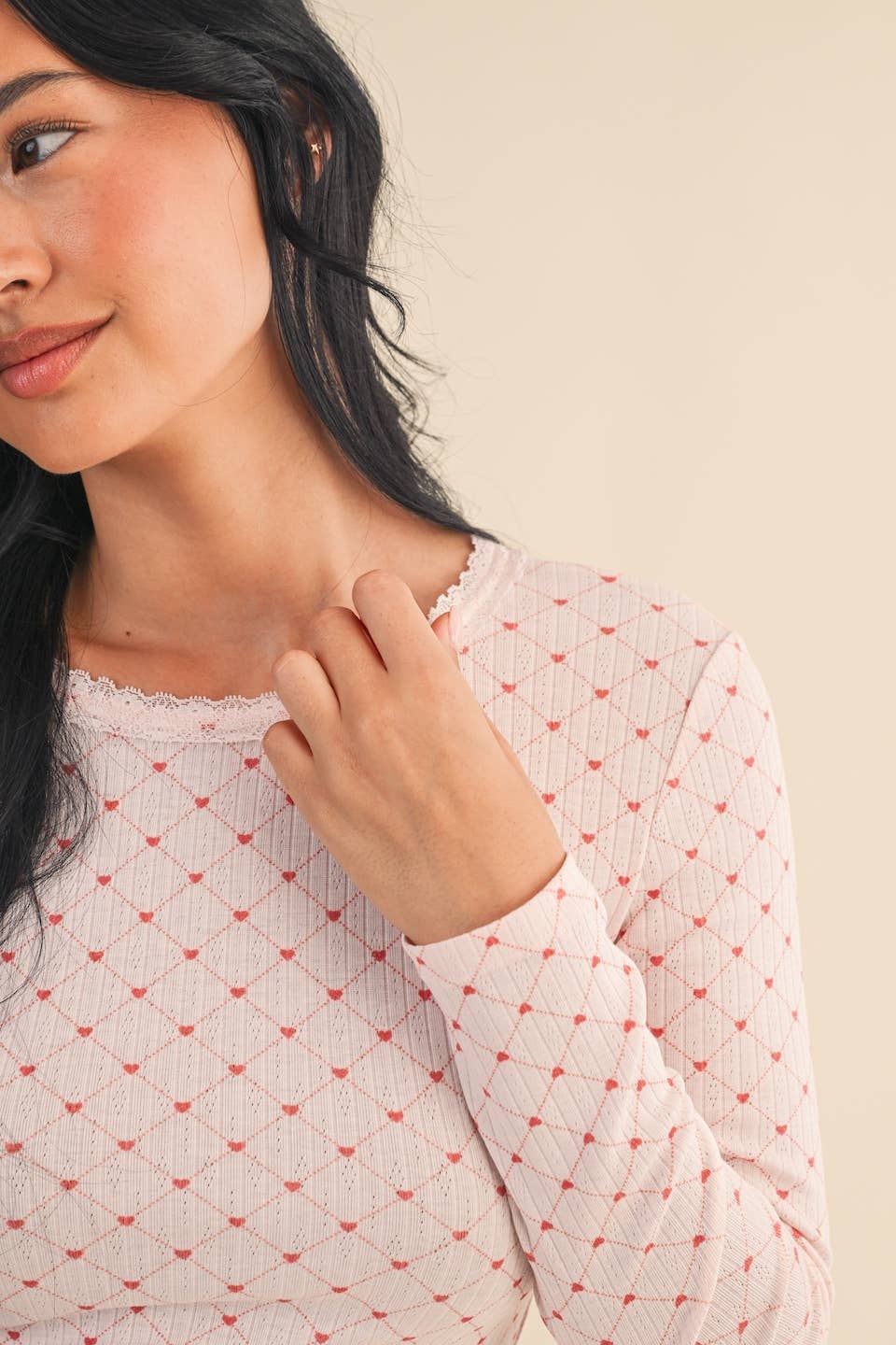 Heart Print Pointelle Lounge Set (PINK)