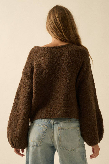 Textured Knit Bubble-Sleeve Sweater (BROWN)