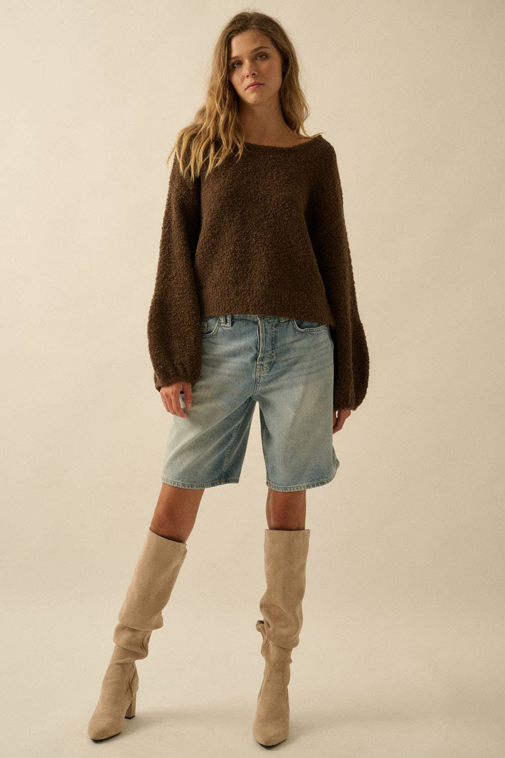 Textured Knit Bubble-Sleeve Sweater (BROWN)