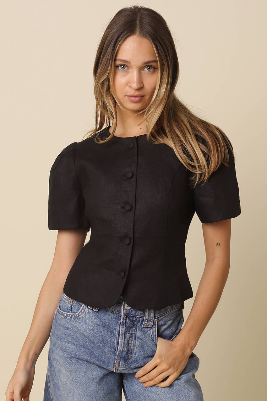 Puff-Sleeve Button Blouse