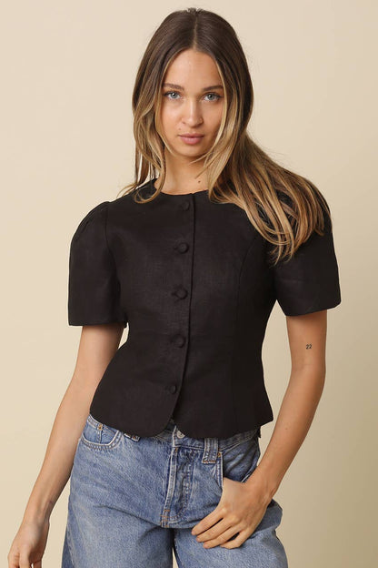 Puff-Sleeve Button Blouse