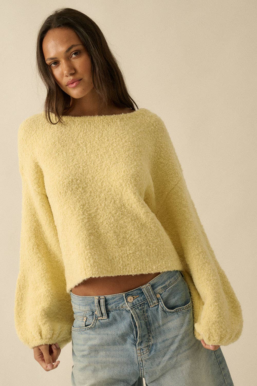 Textured Knit Bubble-Sleeve Sweater (YELLOW)